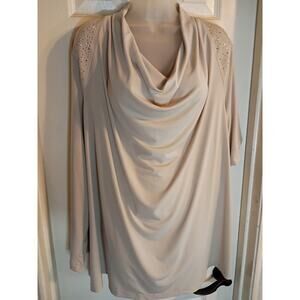 Susan Graver Top Beige Rhinestone Shoulders Draped Neck Sz 2X Stretch